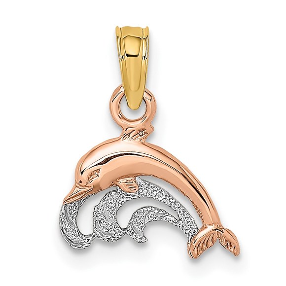 14K Two-tone Gold with White Rhodium Mini Dolphin & Wave Necklace Charm Pendant